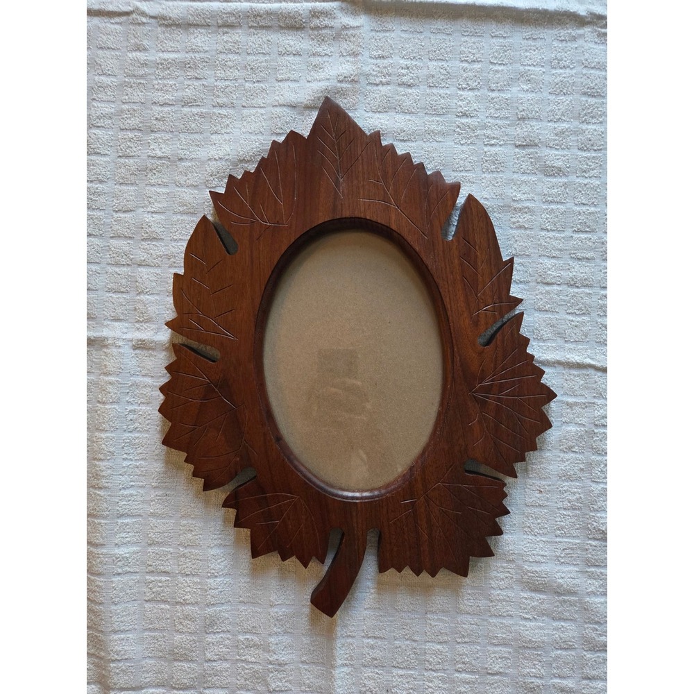 Vintage Hand Carved Wood Leaf Picture Frame Oval Opening Rustic Wall Decor 17in